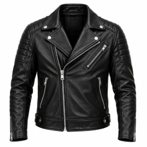 Men's black lambskin leather biker jacket front view