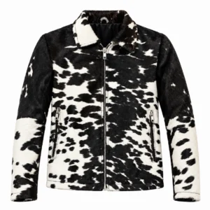 Men's black and white hair-on cowhide leather jacket front view