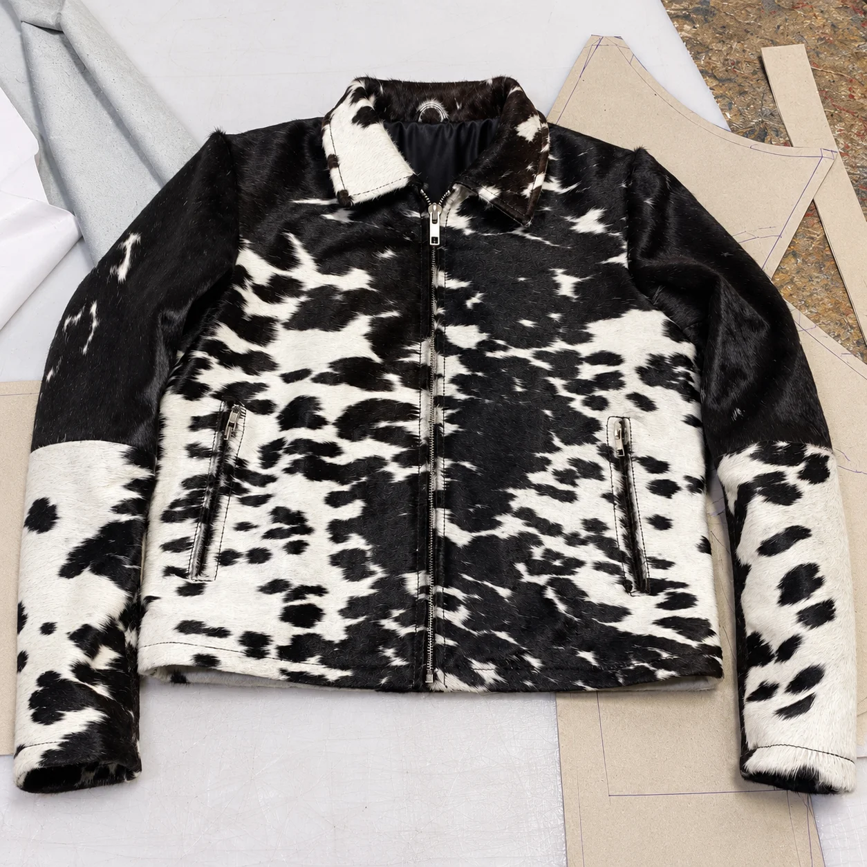 men's black white hair on cowhide jacket front original image