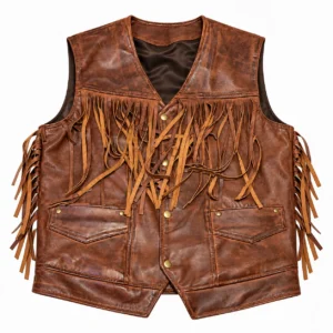Men's vintage brown leather fringe vest front view