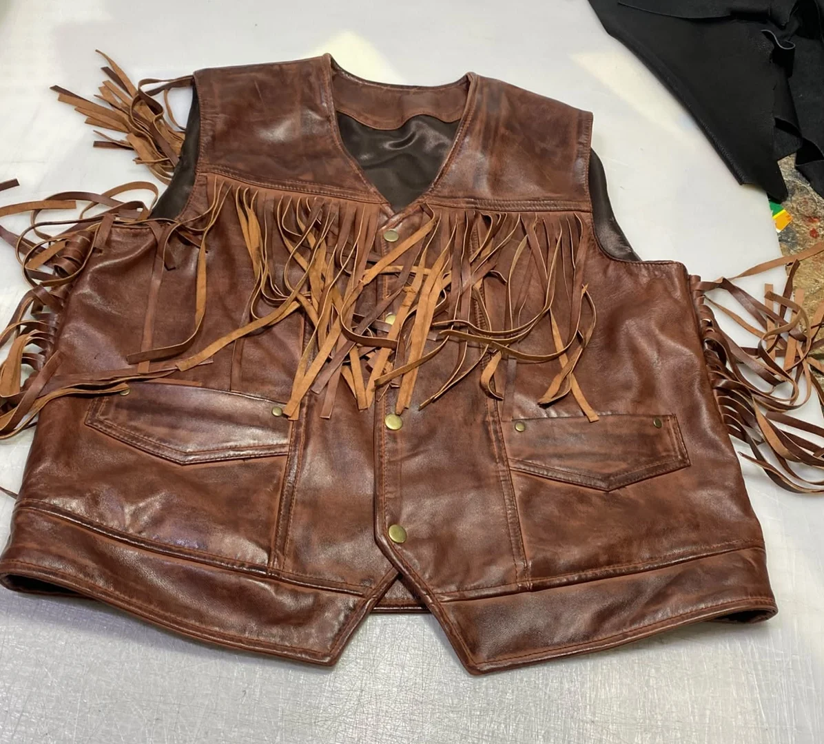 men's vintage brown leather fringe vest front original image