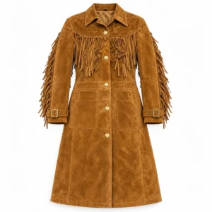 Women's camel suede fringe western coat front view