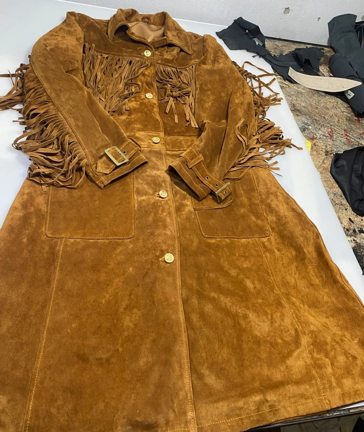 women's camel suede fringe western coat front view original image