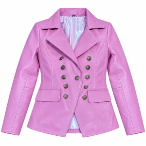 Women's pastel lilac double-breasted leather blazer front view