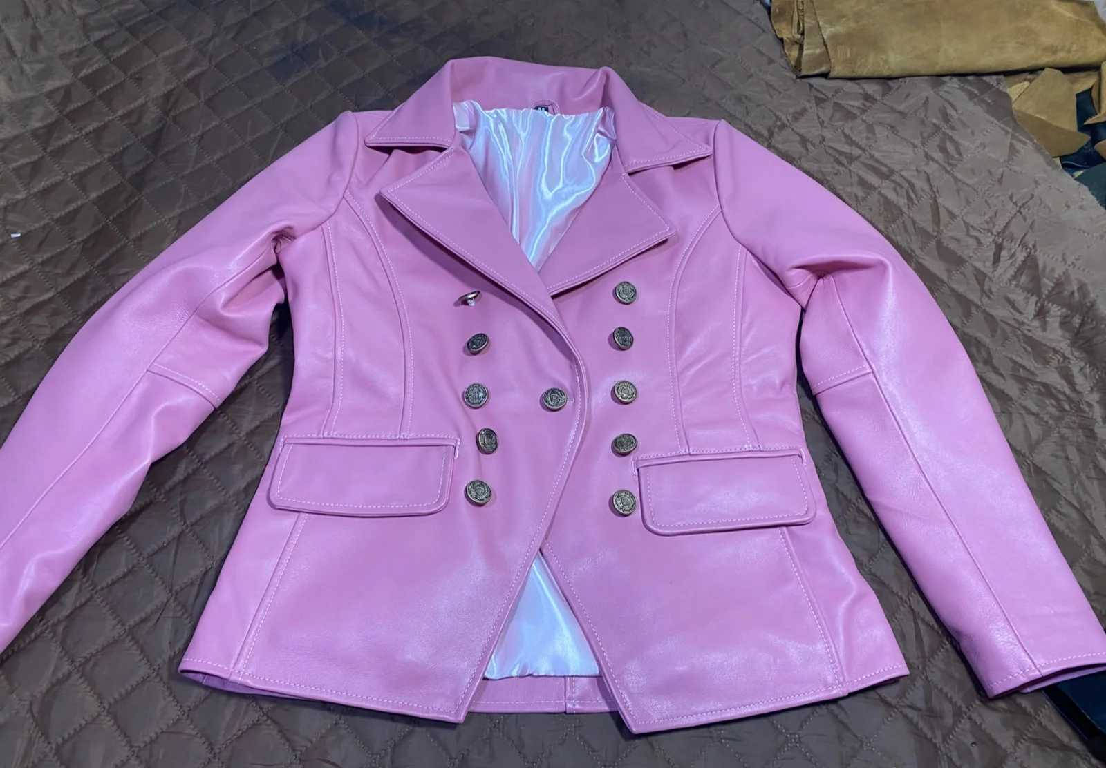 women's pastel lilac double breasted leather blazer front view original image
